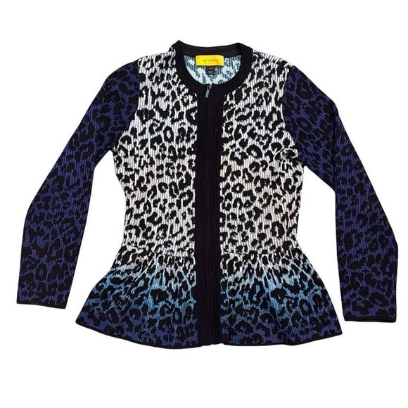 St. John Jackets & Blazers - ST. JOHN Cardigan Jacket P/2 Peplum Wool Blend Full Zip Black White Blue Leopard